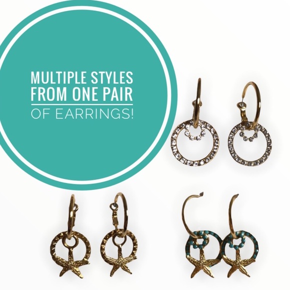 Turquoise Gold & White crystal Starfish & hoop dangle earrings wear many ways - Picture 5 of 9